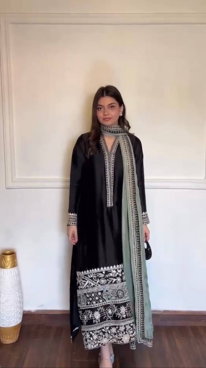 Black Glass Silk Kurta Set with Intricate Thread Work & Organza Dupatta