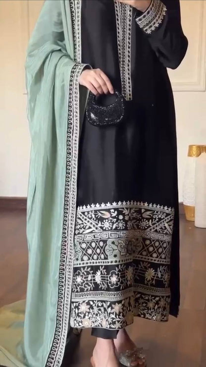 Black Glass Silk Kurta Set with Intricate Thread Work & Organza Dupatta
