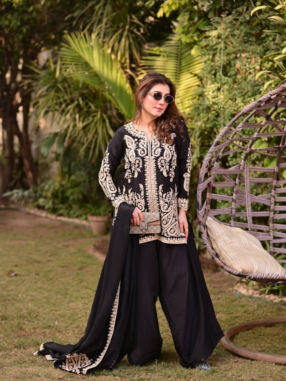 Black Pakistani Suit Party Wear Cross Stitch Georgette Salwar Kameez