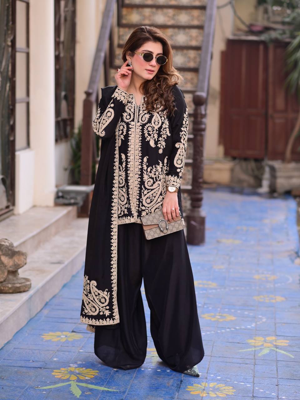 Black Pakistani Suit Party Wear Cross Stitch Georgette Salwar Kameez
