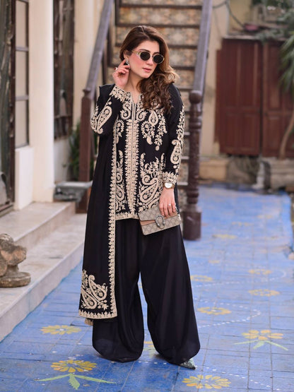 Black Pakistani Suit Party Wear Cross Stitch Georgette Salwar Kameez
