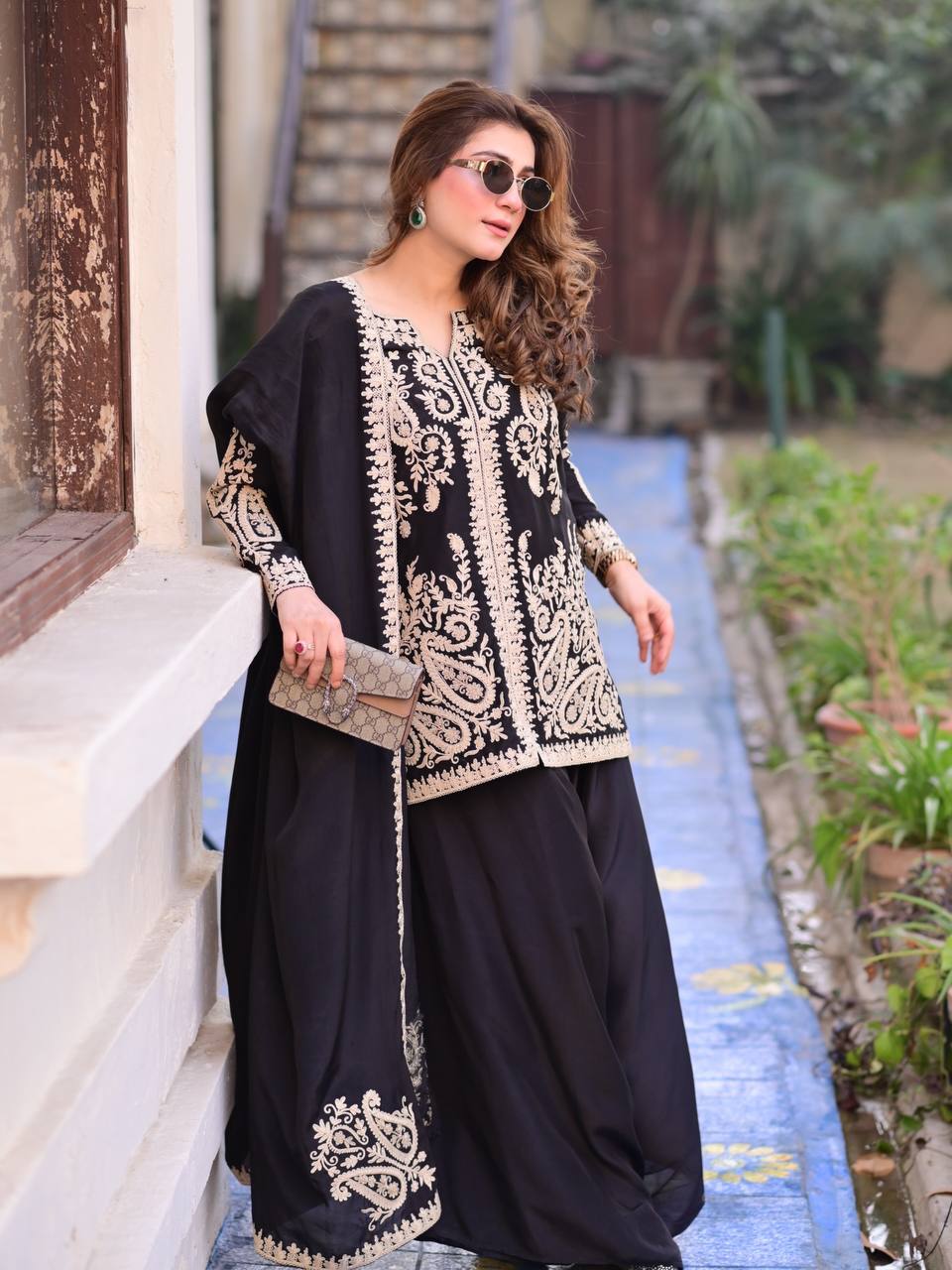 Black Pakistani Suit Party Wear Cross Stitch Georgette Salwar Kameez