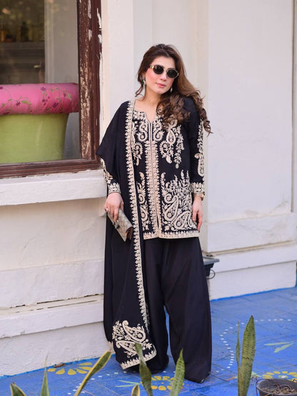 Black Pakistani Suit Party Wear Cross Stitch Georgette Salwar Kameez
