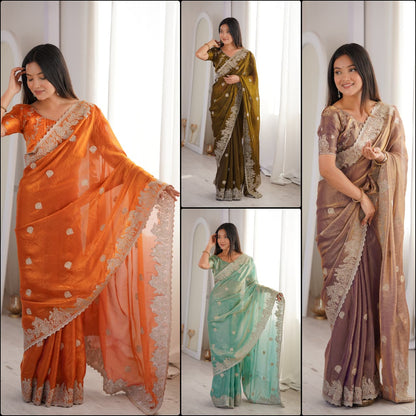 Designer Party Wear Saree with Zari Embroidery and Hotfix Work