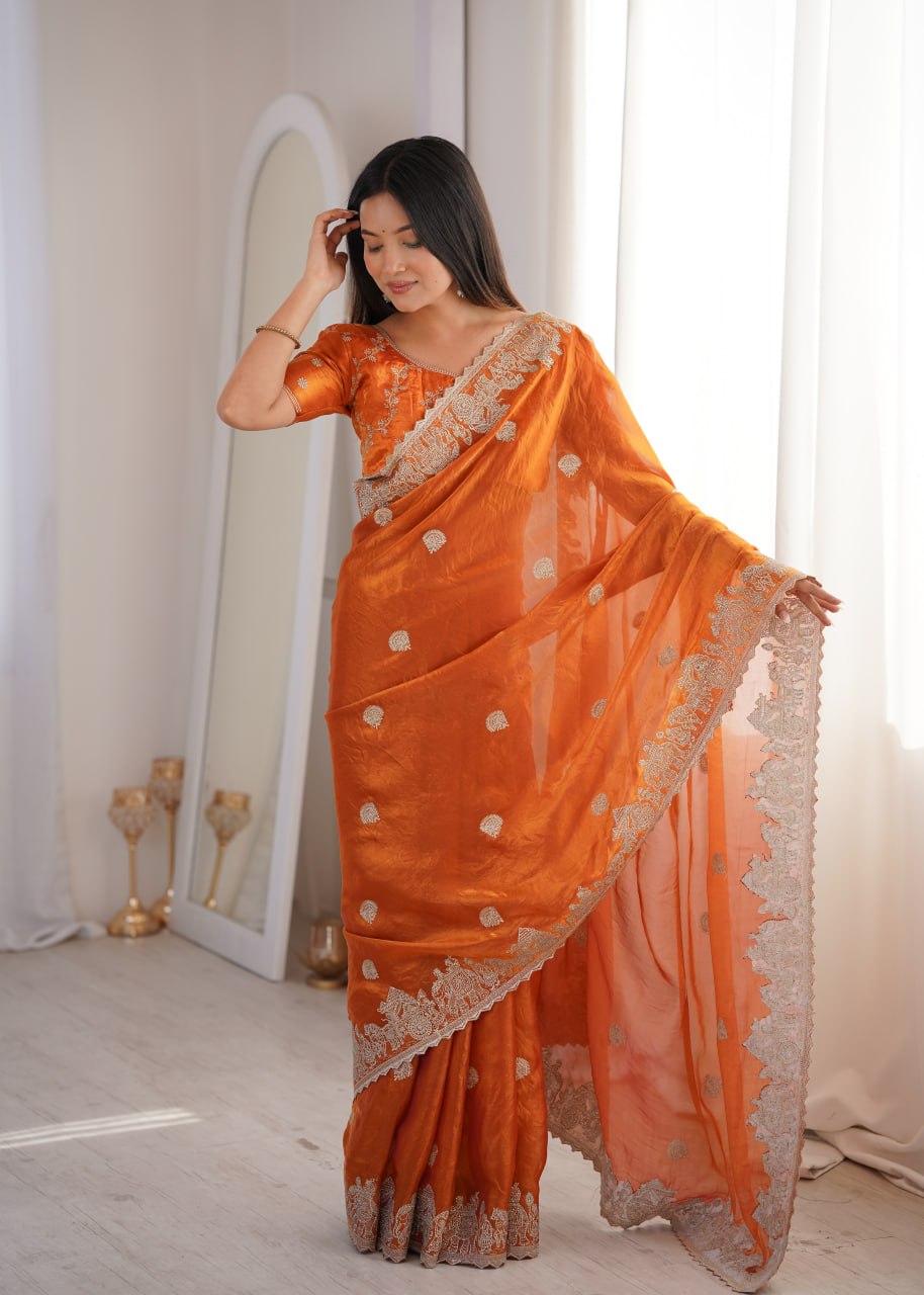 Designer Party Wear Saree with Zari Embroidery and Hotfix Work