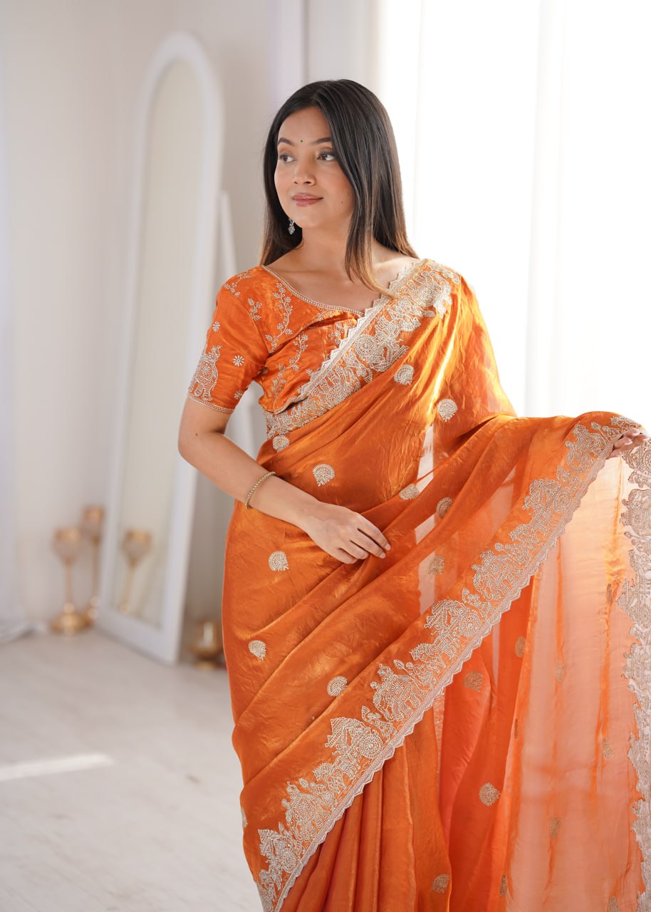 Designer Party Wear Saree with Zari Embroidery and Hotfix Work