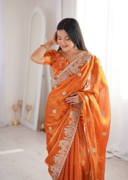 Designer Party Wear Saree with Zari Embroidery and Hotfix Work