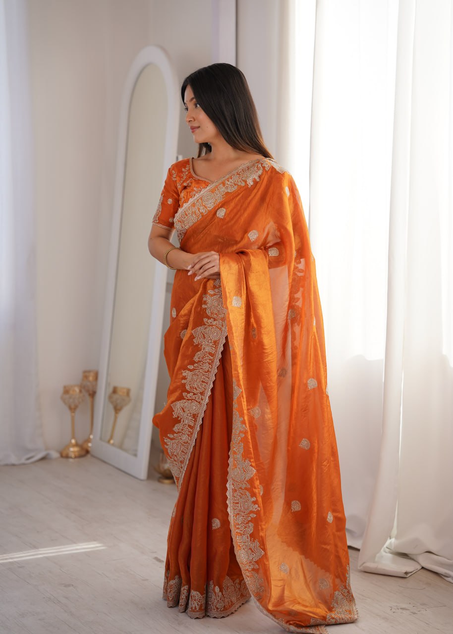 Designer Party Wear Saree with Zari Embroidery and Hotfix Work