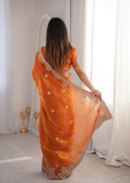 Designer Party Wear Saree with Zari Embroidery and Hotfix Work