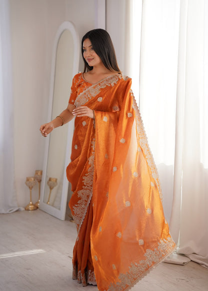 Designer Party Wear Saree with Zari Embroidery and Hotfix Work
