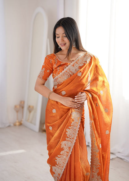 Designer Party Wear Saree with Zari Embroidery and Hotfix Work