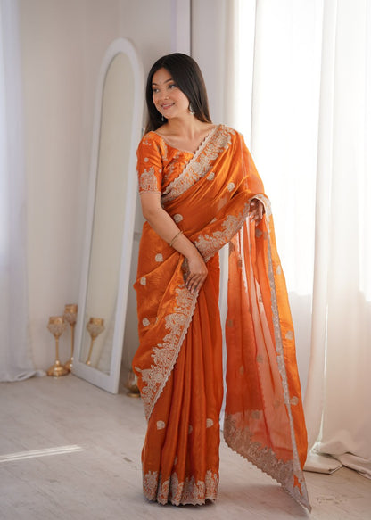 Designer Party Wear Saree with Zari Embroidery and Hotfix Work