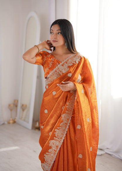 Designer Party Wear Saree with Zari Embroidery and Hotfix Work