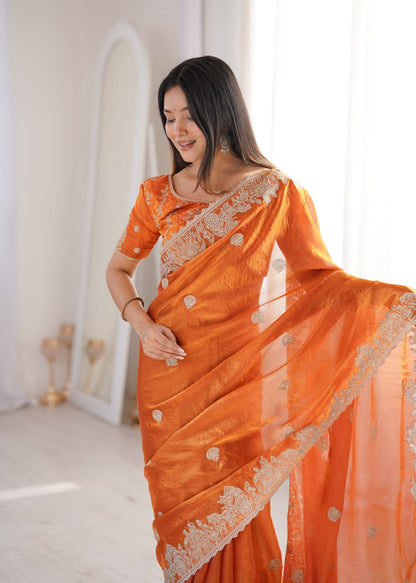 Designer Party Wear Saree with Zari Embroidery and Hotfix Work