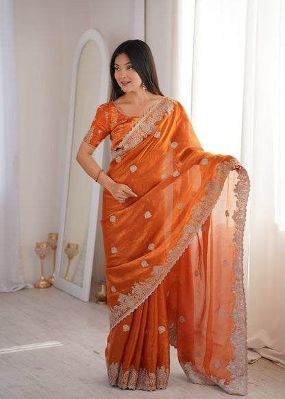 Designer Party Wear Saree with Zari Embroidery and Hotfix Work