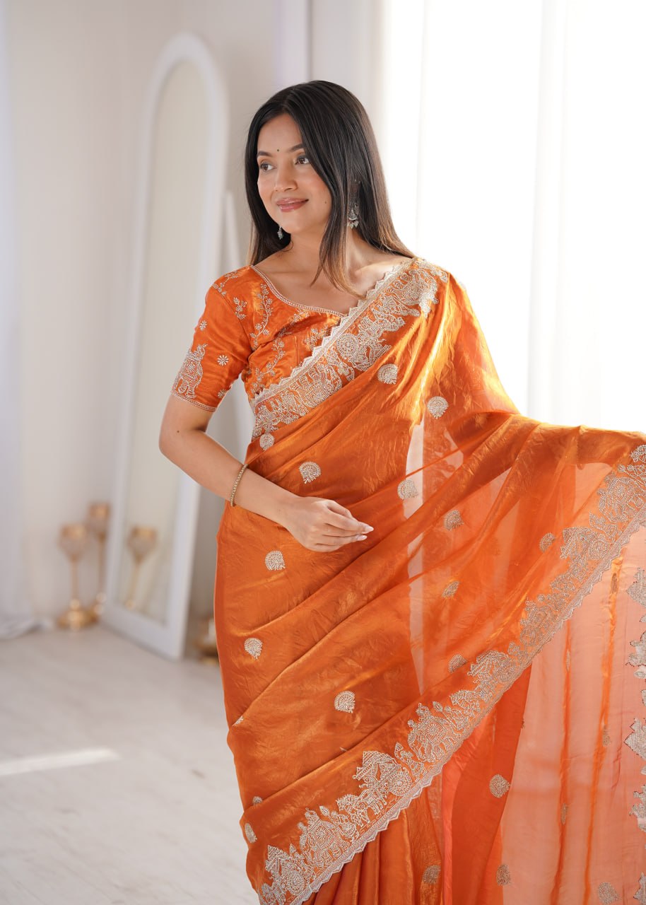 Designer Party Wear Saree with Zari Embroidery and Hotfix Work