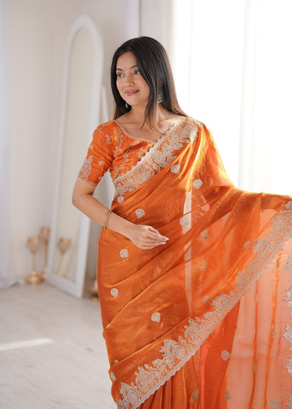 Designer Party Wear Saree with Zari Embroidery and Hotfix Work