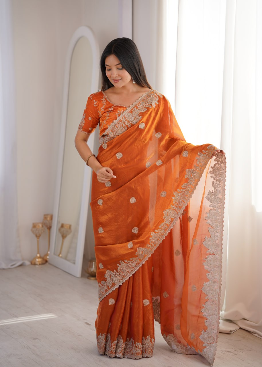 Designer Party Wear Saree with Zari Embroidery and Hotfix Work