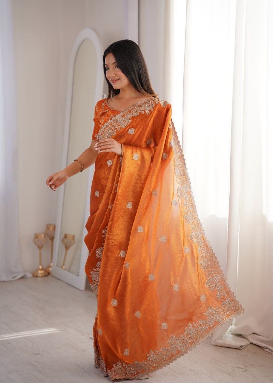 Designer Party Wear Saree with Zari Embroidery and Hotfix Work