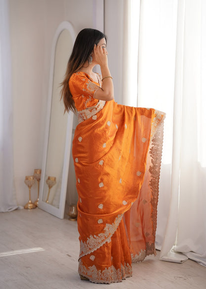 Designer Party Wear Saree with Zari Embroidery and Hotfix Work