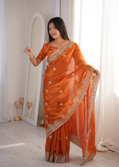 Designer Party Wear Saree with Zari Embroidery and Hotfix Work