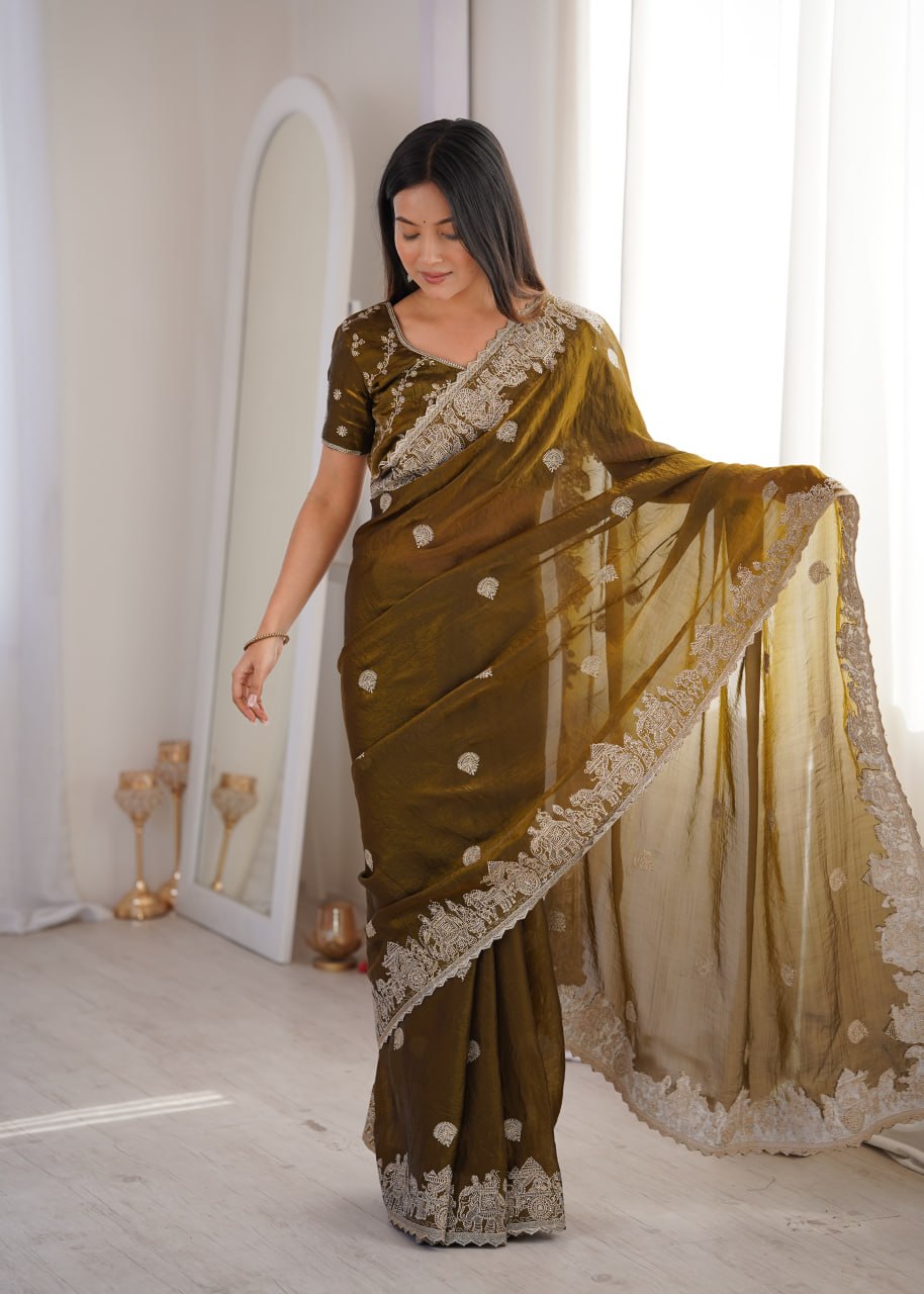 Designer Party Wear Saree with Zari Embroidery and Hotfix Work