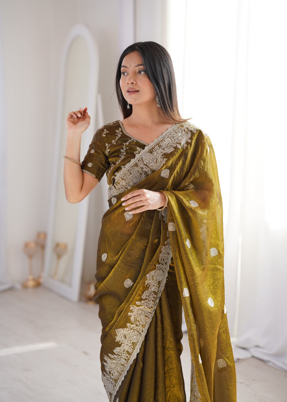 Designer Party Wear Saree with Zari Embroidery and Hotfix Work