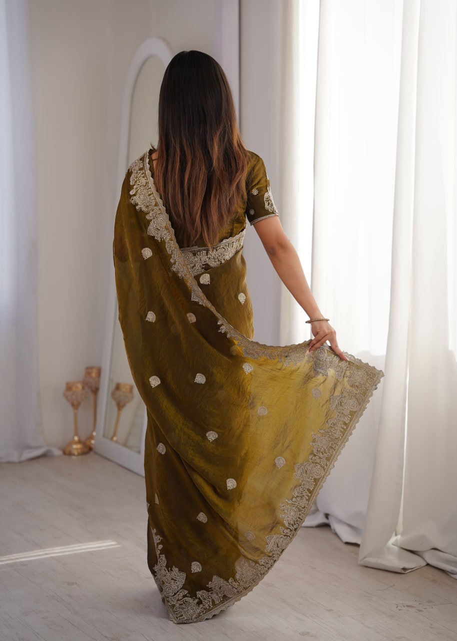 Designer Party Wear Saree with Zari Embroidery and Hotfix Work