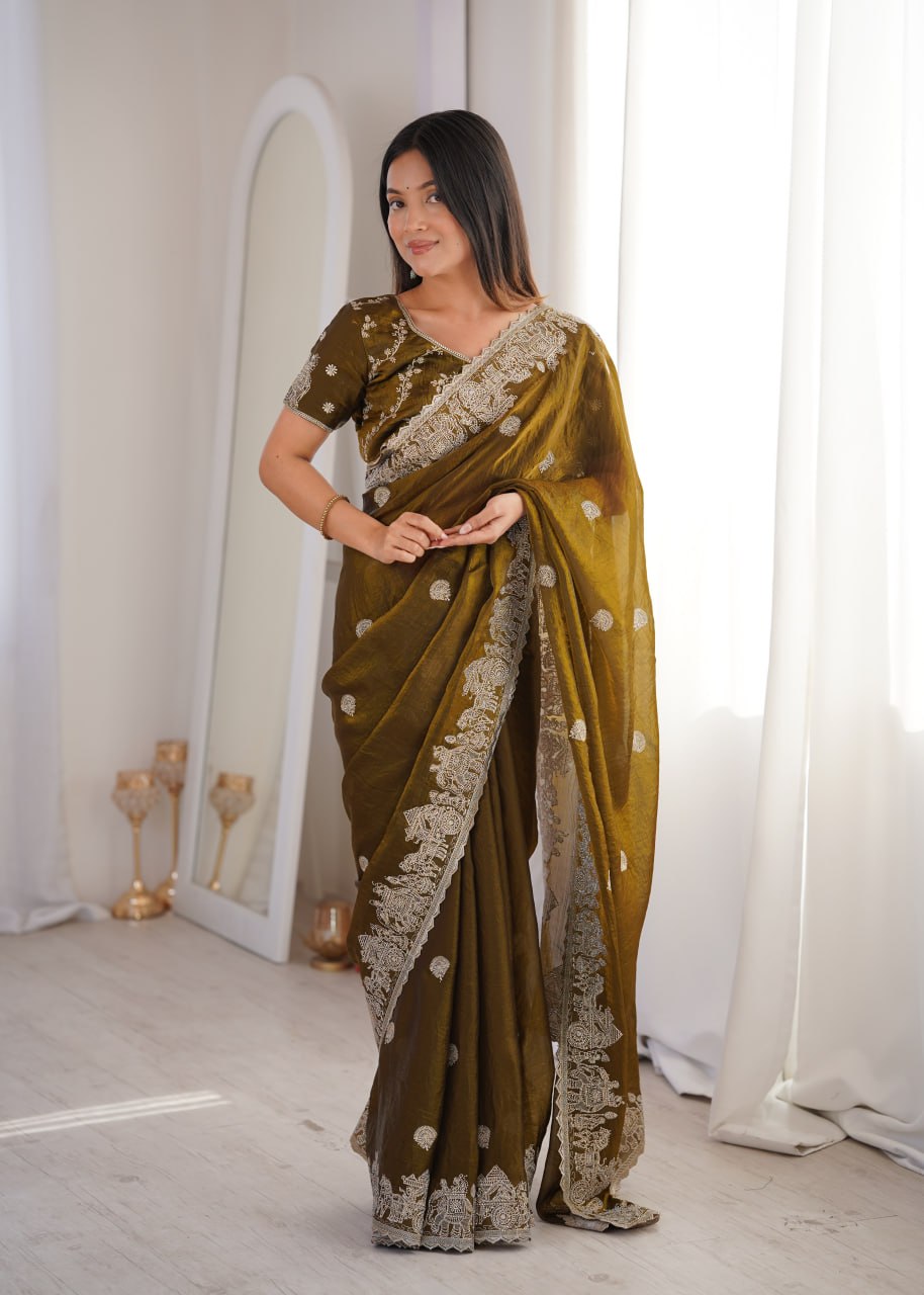 Designer Party Wear Saree with Zari Embroidery and Hotfix Work