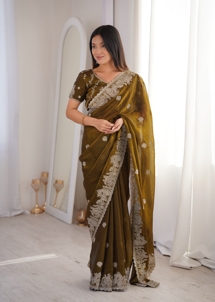 Designer Party Wear Saree with Zari Embroidery and Hotfix Work