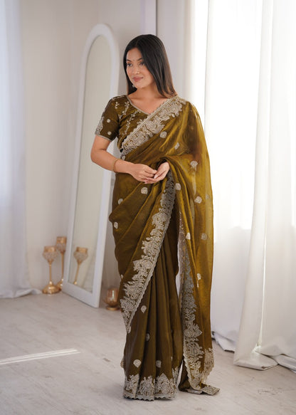 Designer Party Wear Saree with Zari Embroidery and Hotfix Work