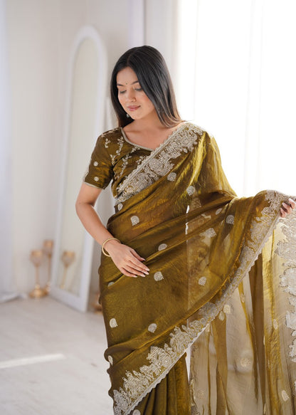 Designer Party Wear Saree with Zari Embroidery and Hotfix Work