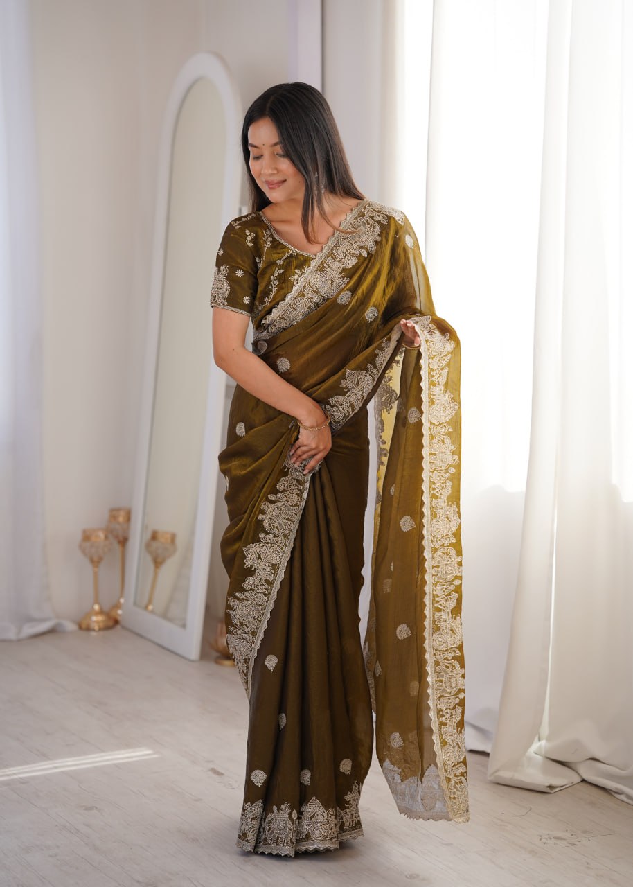 Designer Party Wear Saree with Zari Embroidery and Hotfix Work