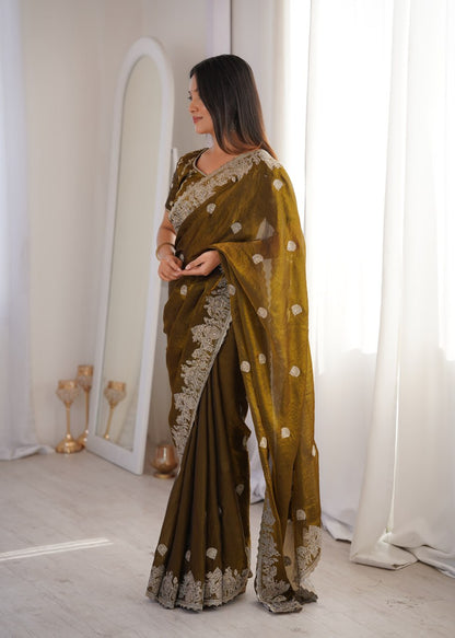 Designer Party Wear Saree with Zari Embroidery and Hotfix Work