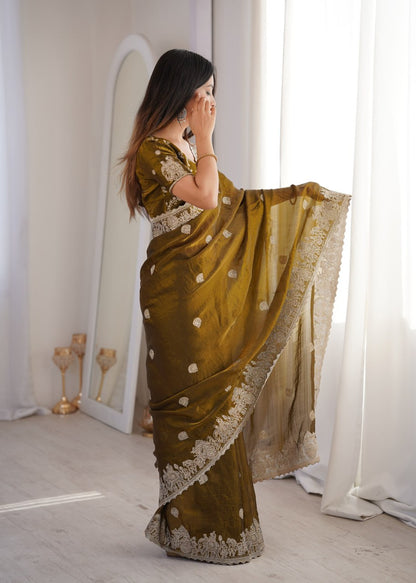 Designer Party Wear Saree with Zari Embroidery and Hotfix Work