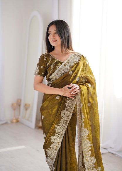 Designer Party Wear Saree with Zari Embroidery and Hotfix Work