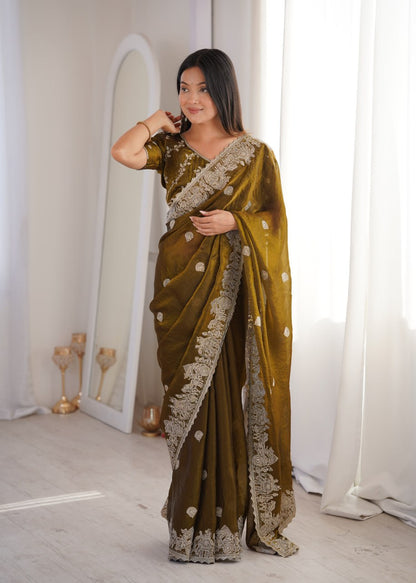 Designer Party Wear Saree with Zari Embroidery and Hotfix Work