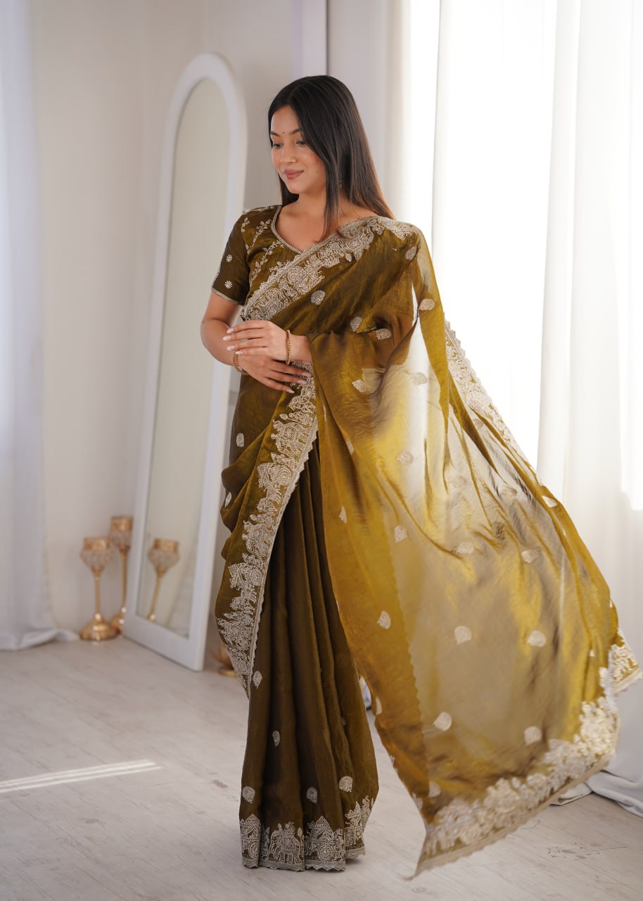 Designer Party Wear Saree with Zari Embroidery and Hotfix Work