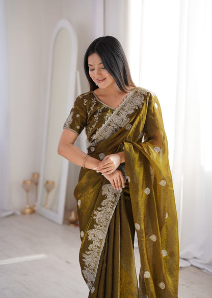Designer Party Wear Saree with Zari Embroidery and Hotfix Work