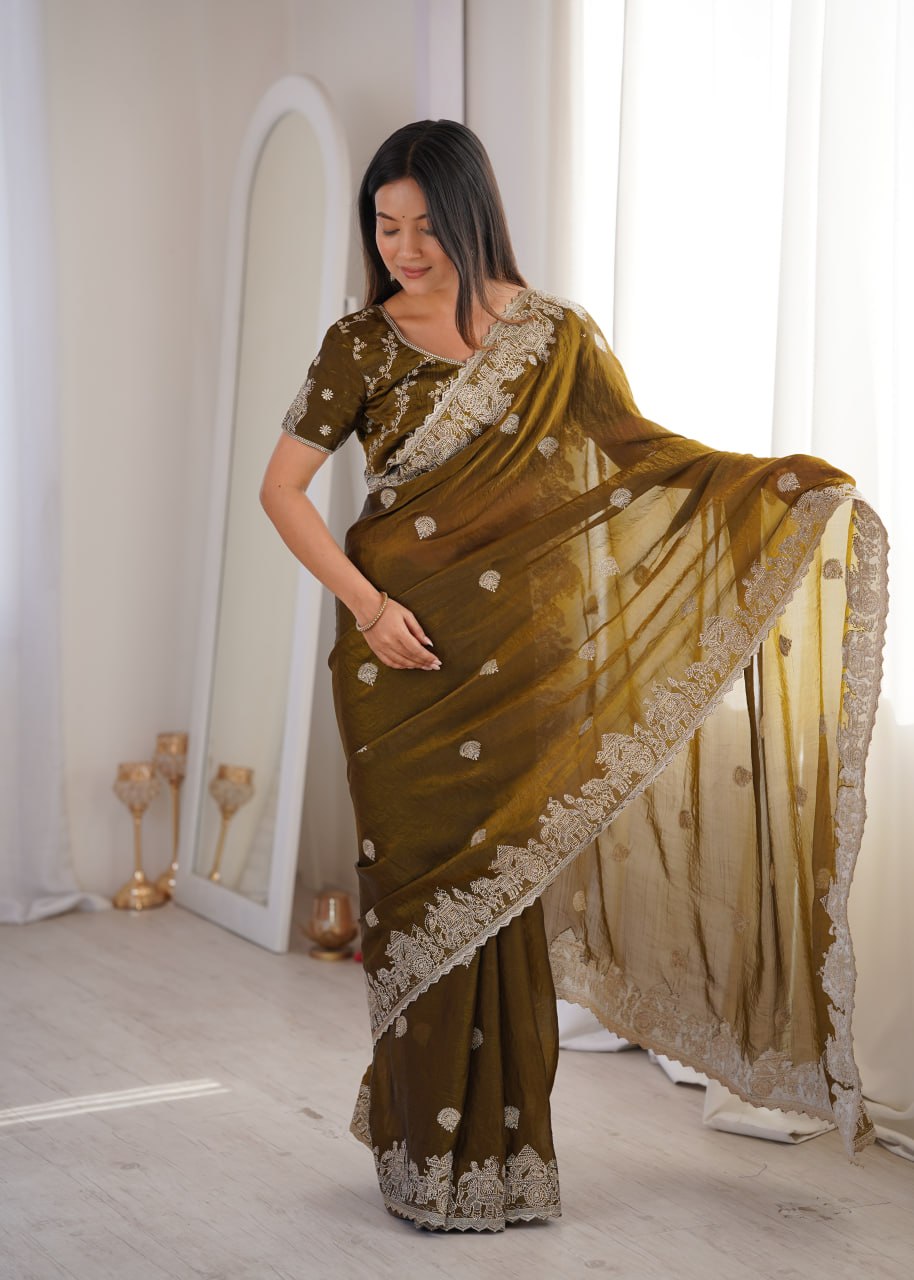 Designer Party Wear Saree with Zari Embroidery and Hotfix Work