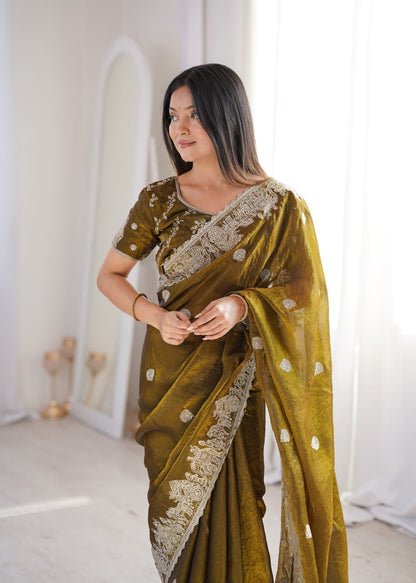 Designer Party Wear Saree with Zari Embroidery and Hotfix Work