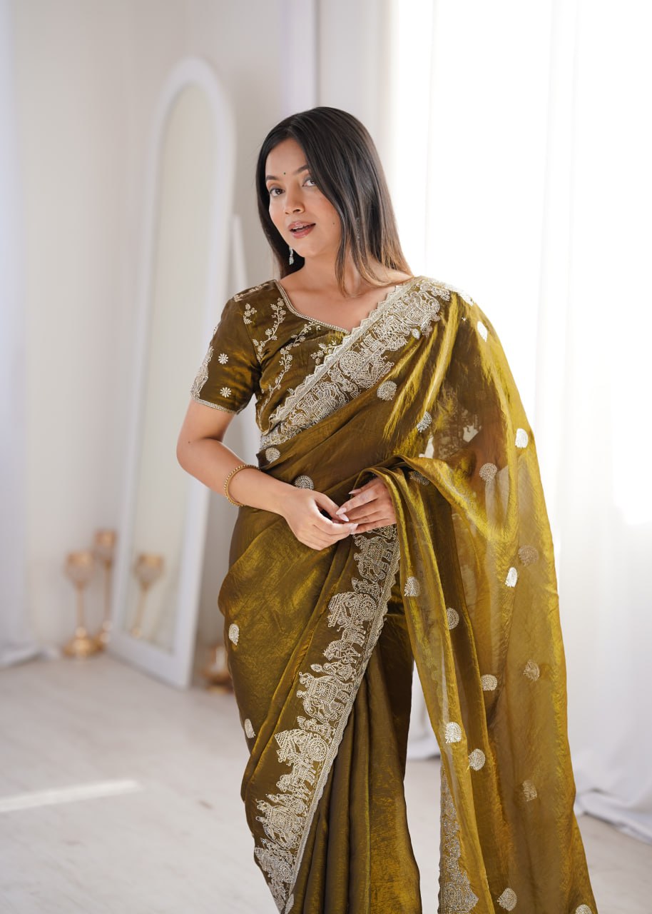 Designer Party Wear Saree with Zari Embroidery and Hotfix Work