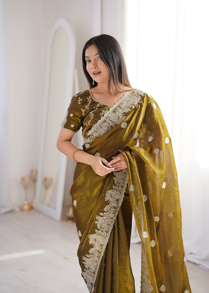 Designer Party Wear Saree with Zari Embroidery and Hotfix Work