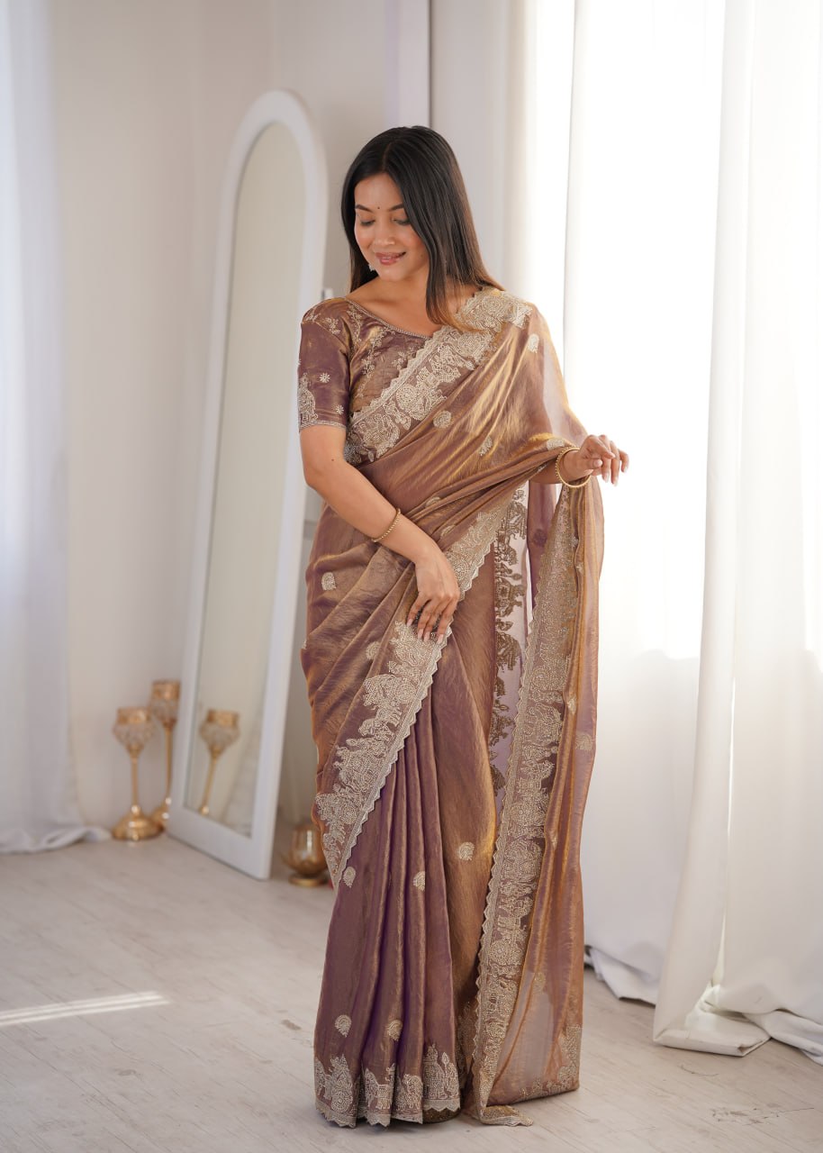 Designer Party Wear Saree with Zari Embroidery and Hotfix Work