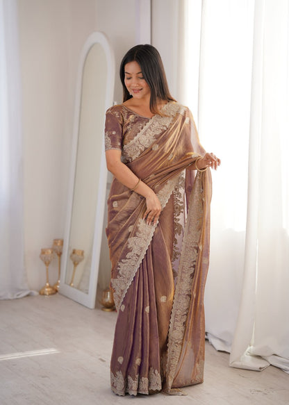 Designer Party Wear Saree with Zari Embroidery and Hotfix Work