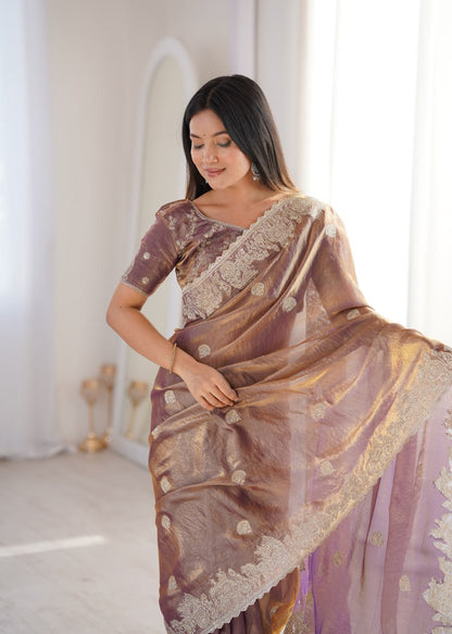 Designer Party Wear Saree with Zari Embroidery and Hotfix Work
