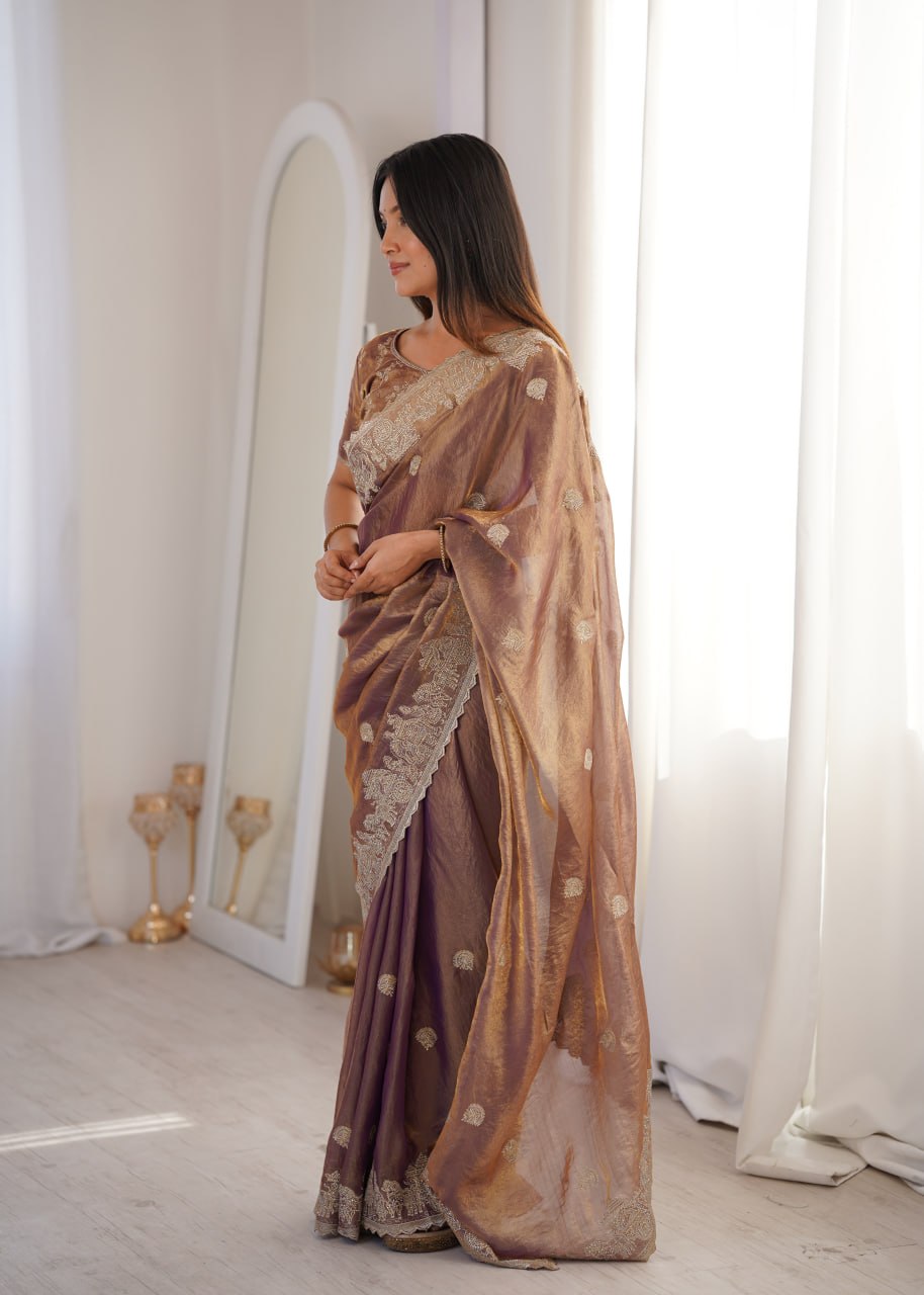Designer Party Wear Saree with Zari Embroidery and Hotfix Work
