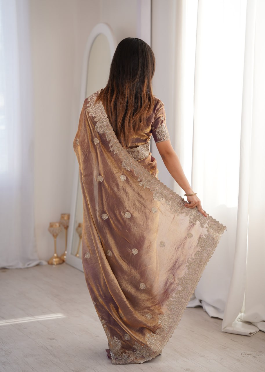 Designer Party Wear Saree with Zari Embroidery and Hotfix Work