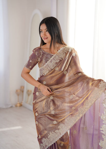 Designer Party Wear Saree with Zari Embroidery and Hotfix Work