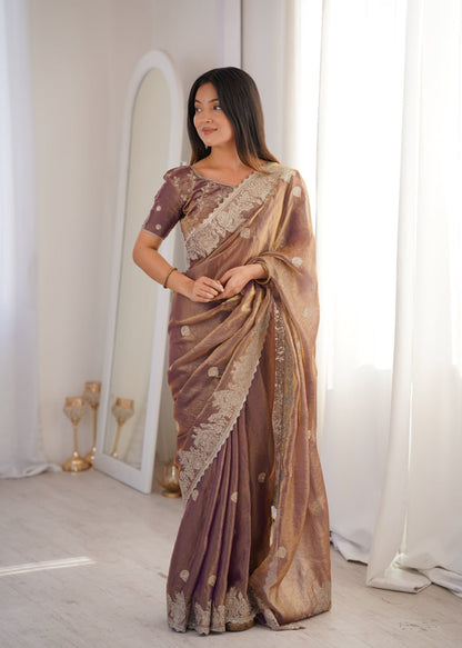 Designer Party Wear Saree with Zari Embroidery and Hotfix Work